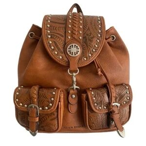 Rein & Bridle Tooled Vegan Leather Backpack Brown Western Boho Studded